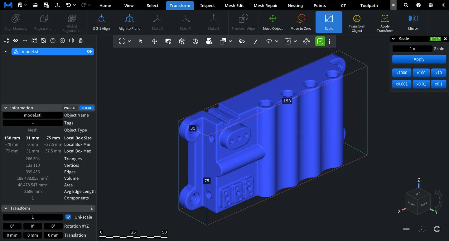 MeshInspector with an STL part open in the Scale tool; the bounding box shows 158 × 31 × 75 mm.