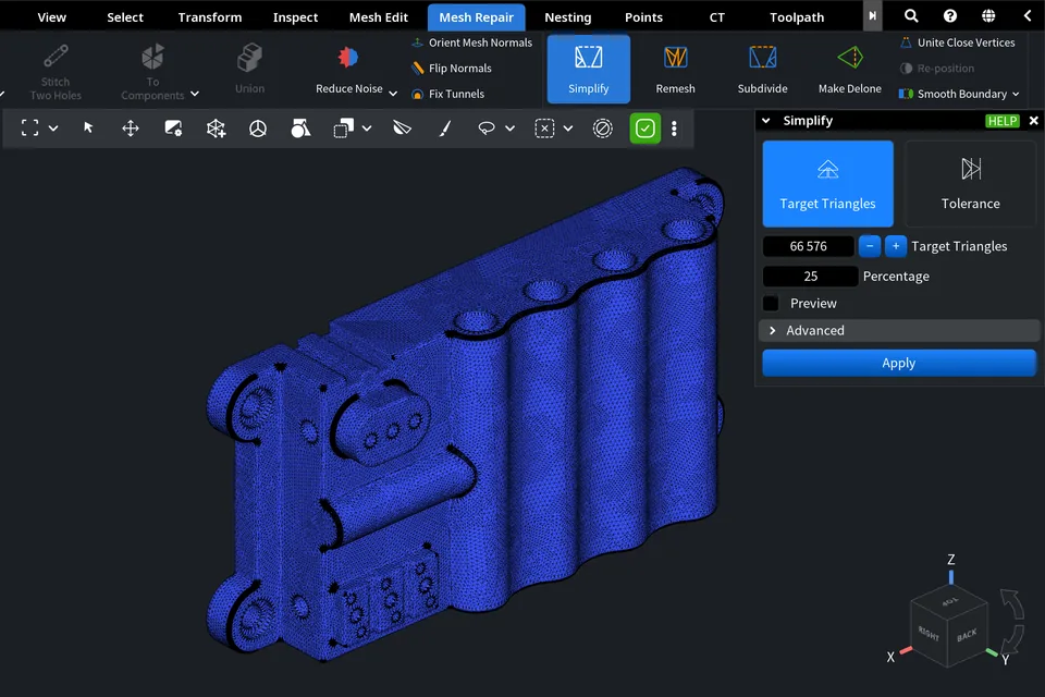 Simplify tool set to 25 percent, with a target of 66,576 triangles for the open STL file.
