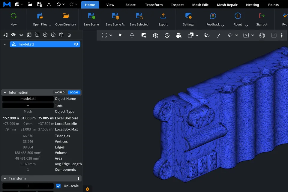 Home tab with the Export button; the simplified model now has 66,576 triangles.