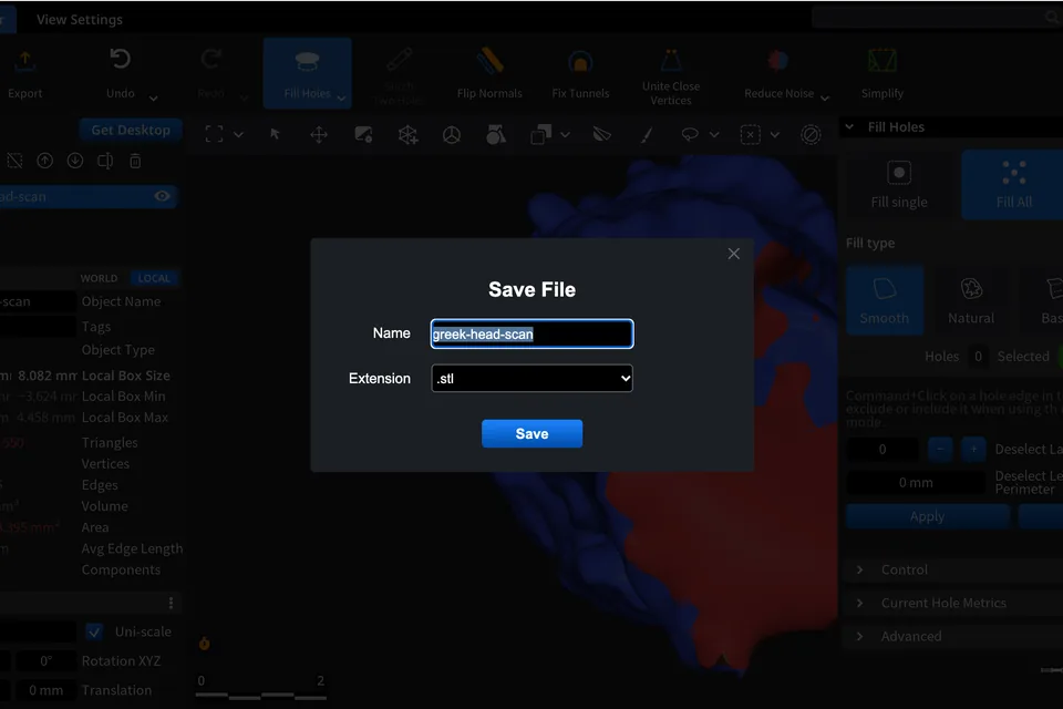Save File dialog of the Export button with the .stl extension selected.