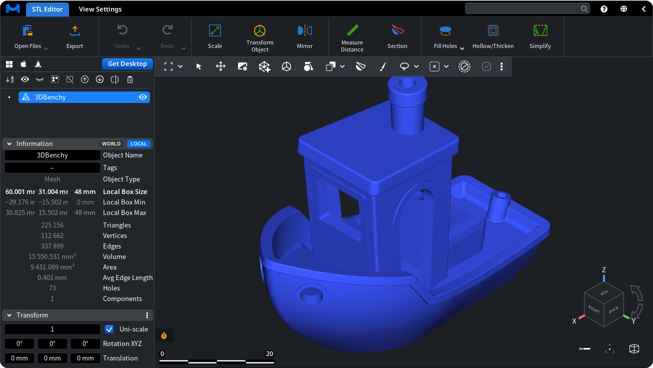 The MeshInspector web app in the browser with a 3MF model of a boat opened from Open Files.