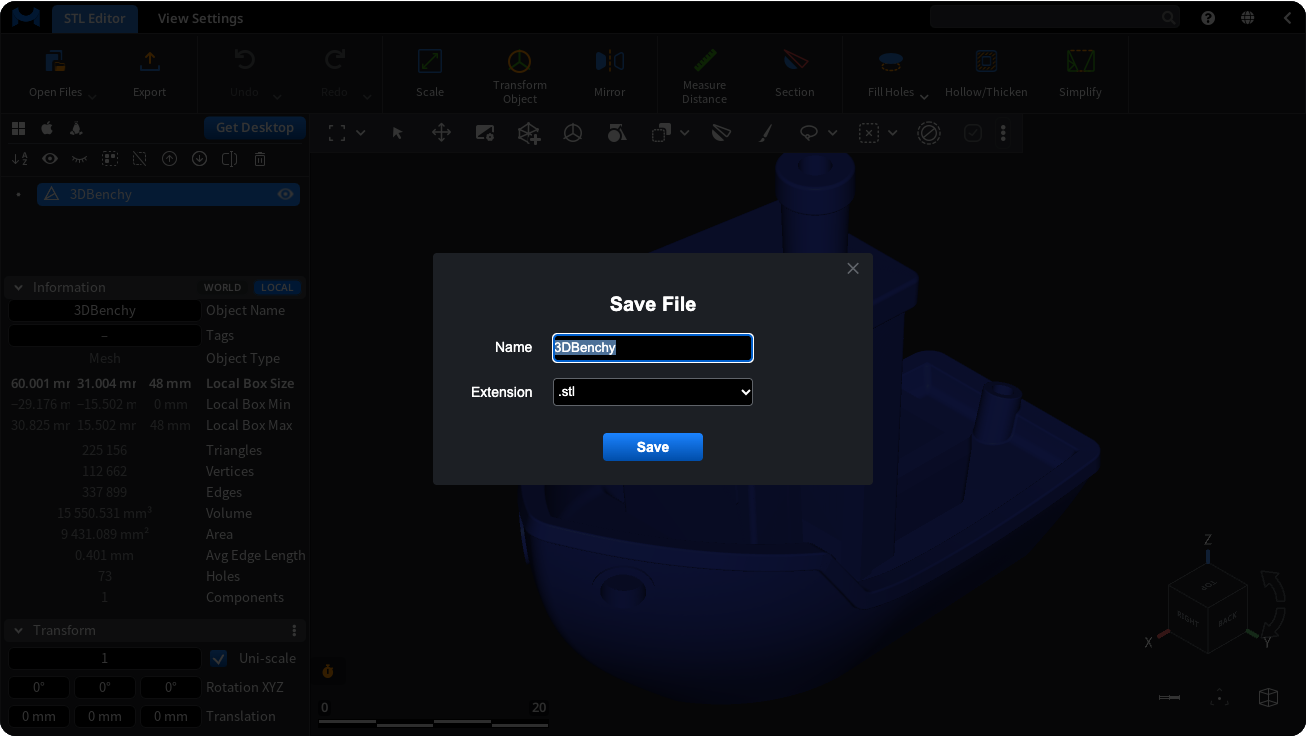 The Save File dialog of the MeshInspector web app with .stl chosen in the Extension list.