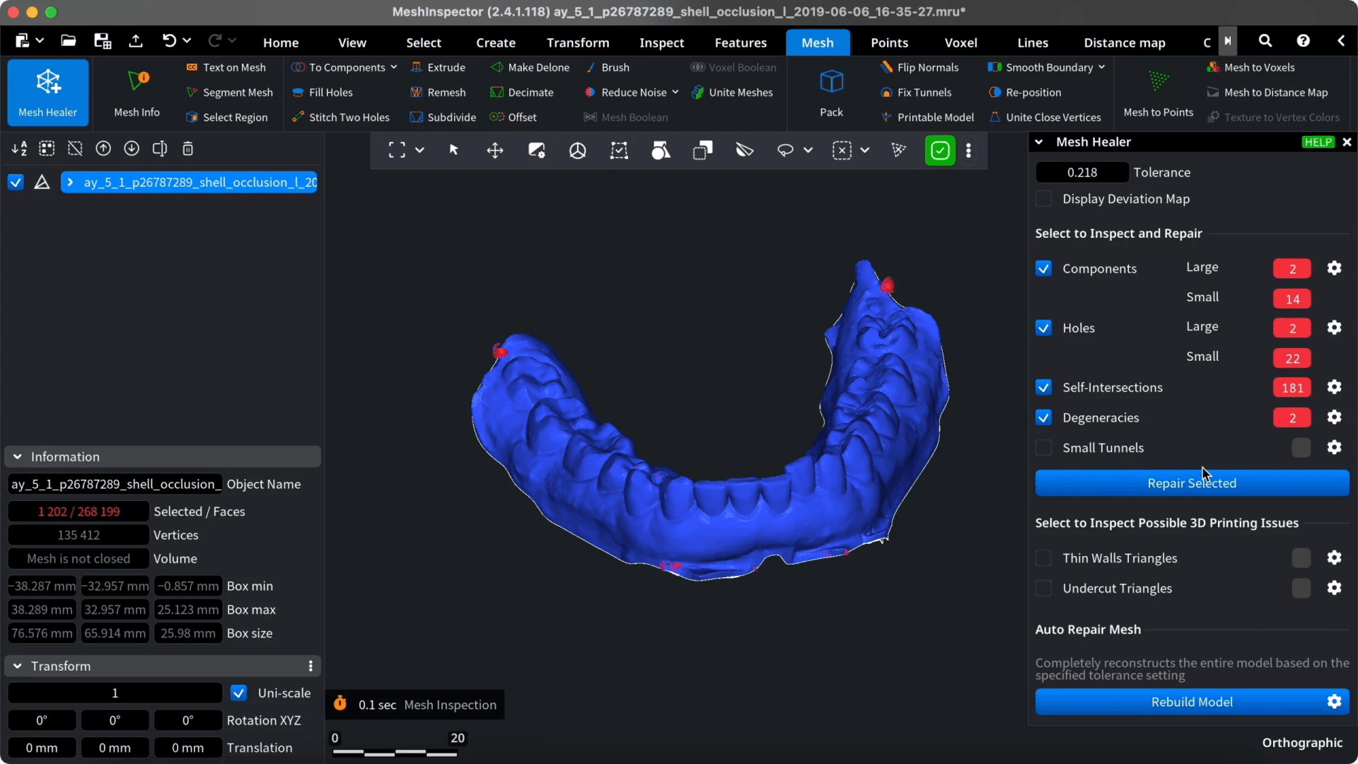 Mesh Healer checking a dental arch for defects.