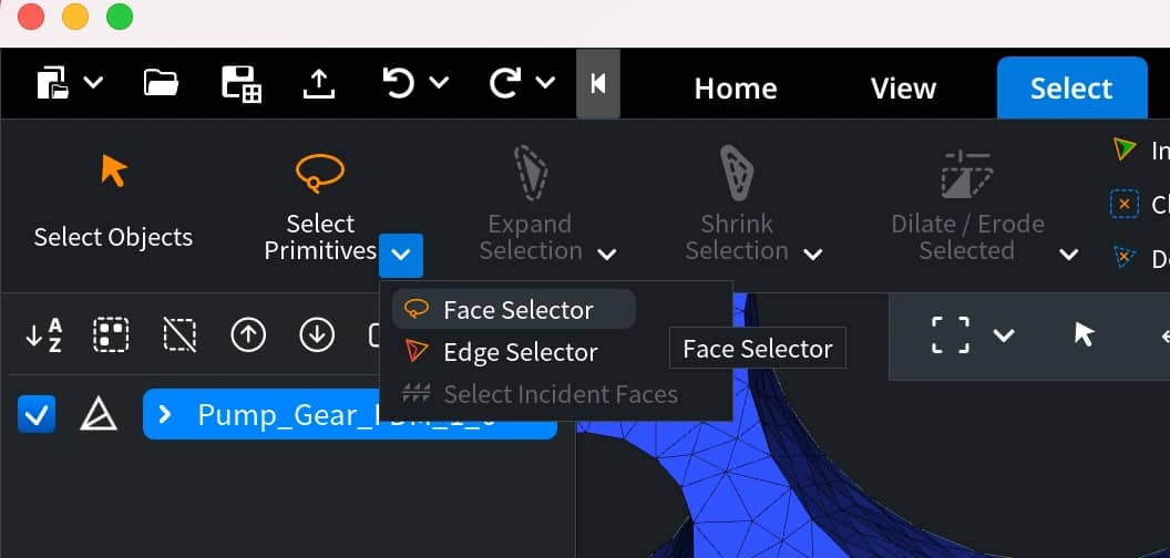 Face Selector command in the Select toolbar.