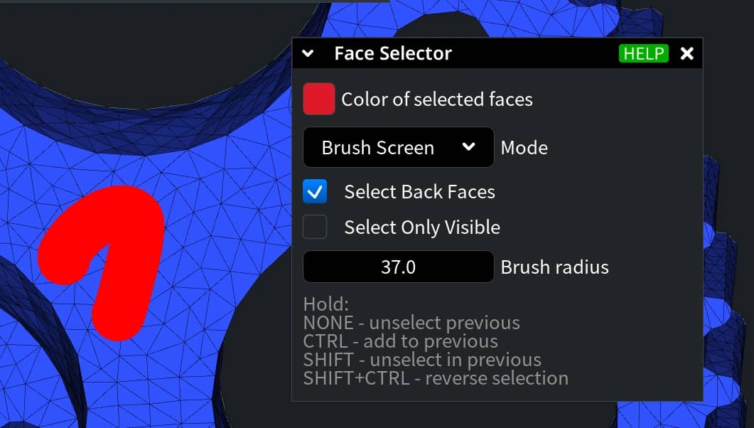 Brush Screen mode selecting faces with a circular brush.