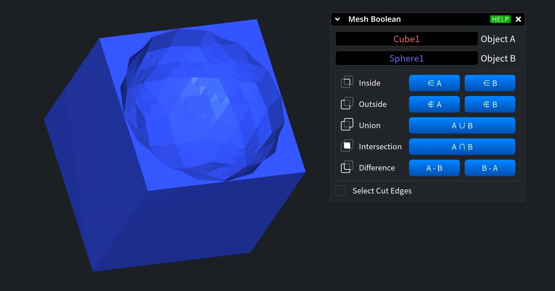 Spherical region intersecting a cube in the Boolean preview.
