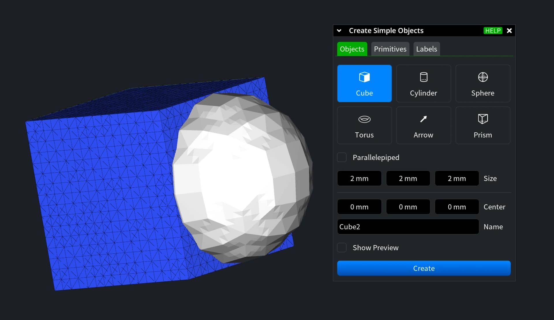 Cube and sphere meshes selected for a Boolean operation.