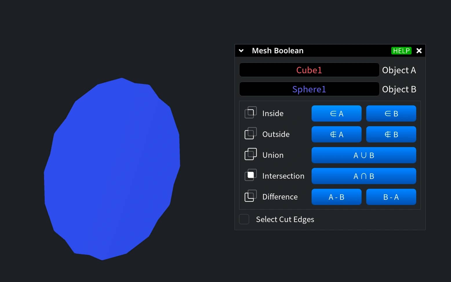 Mesh Boolean panel with operation and object-order controls.