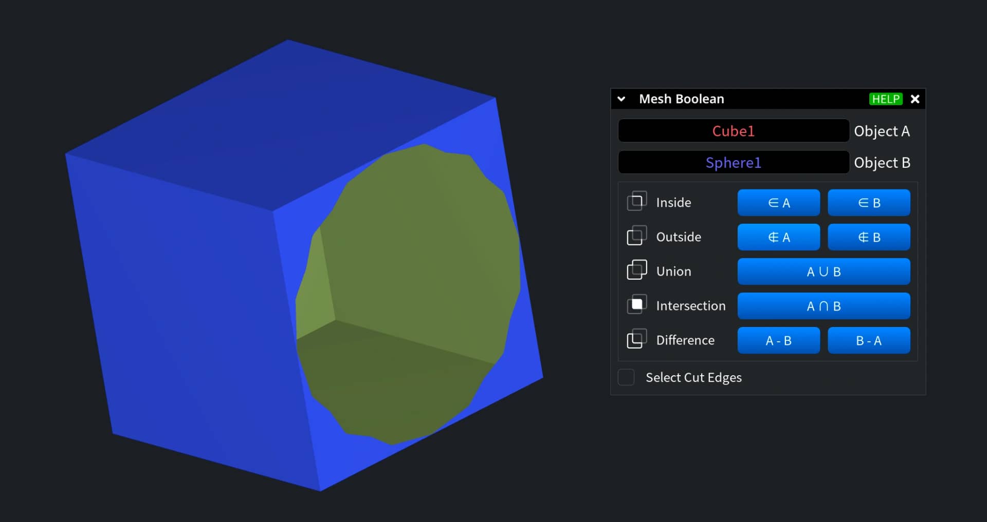 Cube with a spherical region highlighted for a Boolean operation.