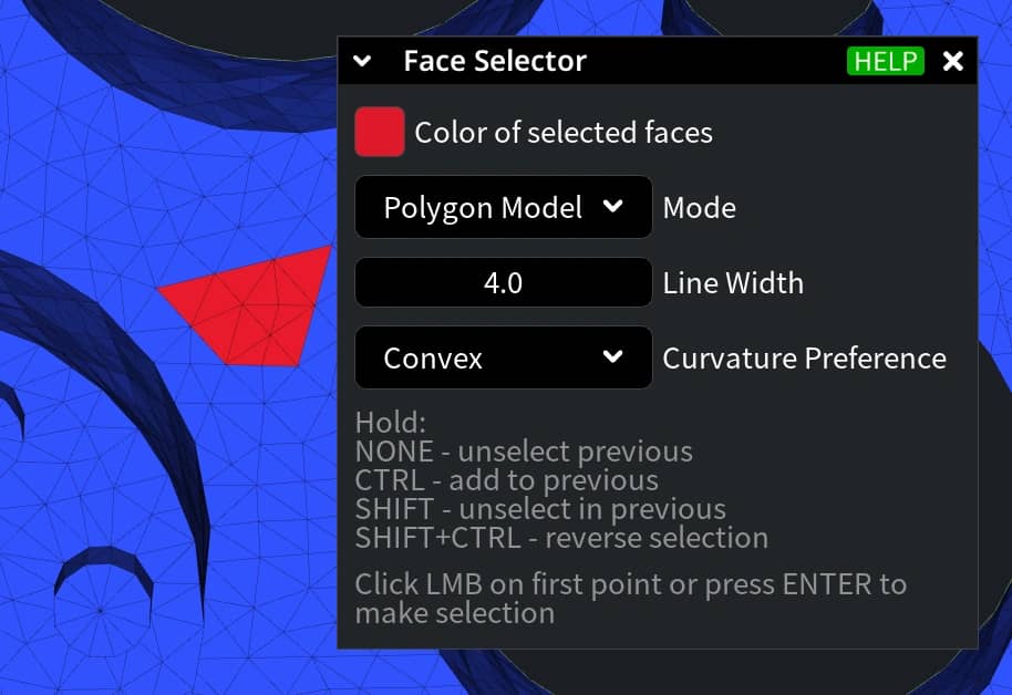 Polygon Model mode selecting a region of mesh faces.