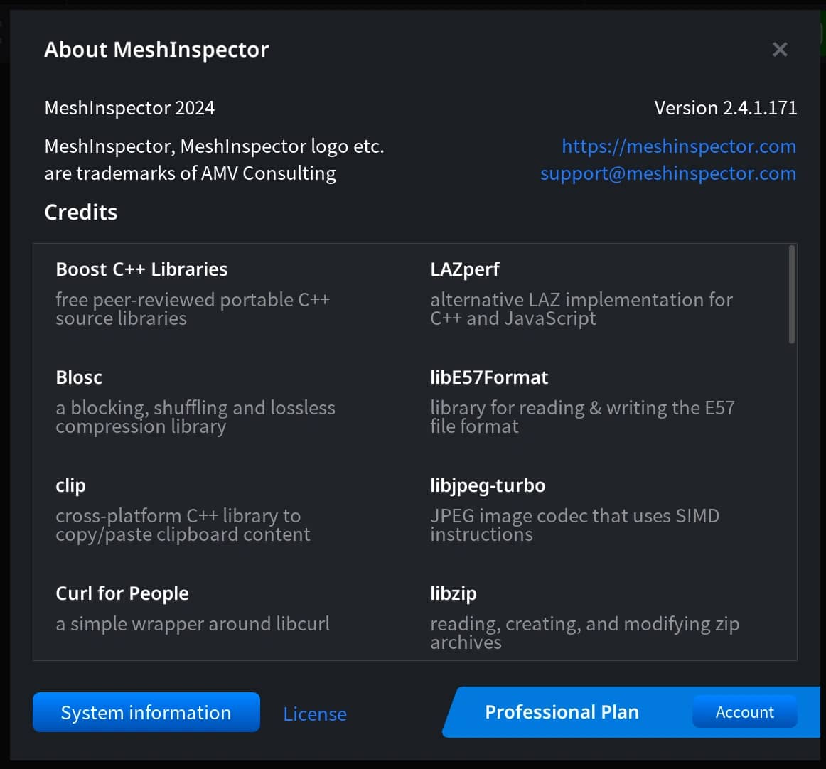About MeshInspector dialog with version and system-information actions.