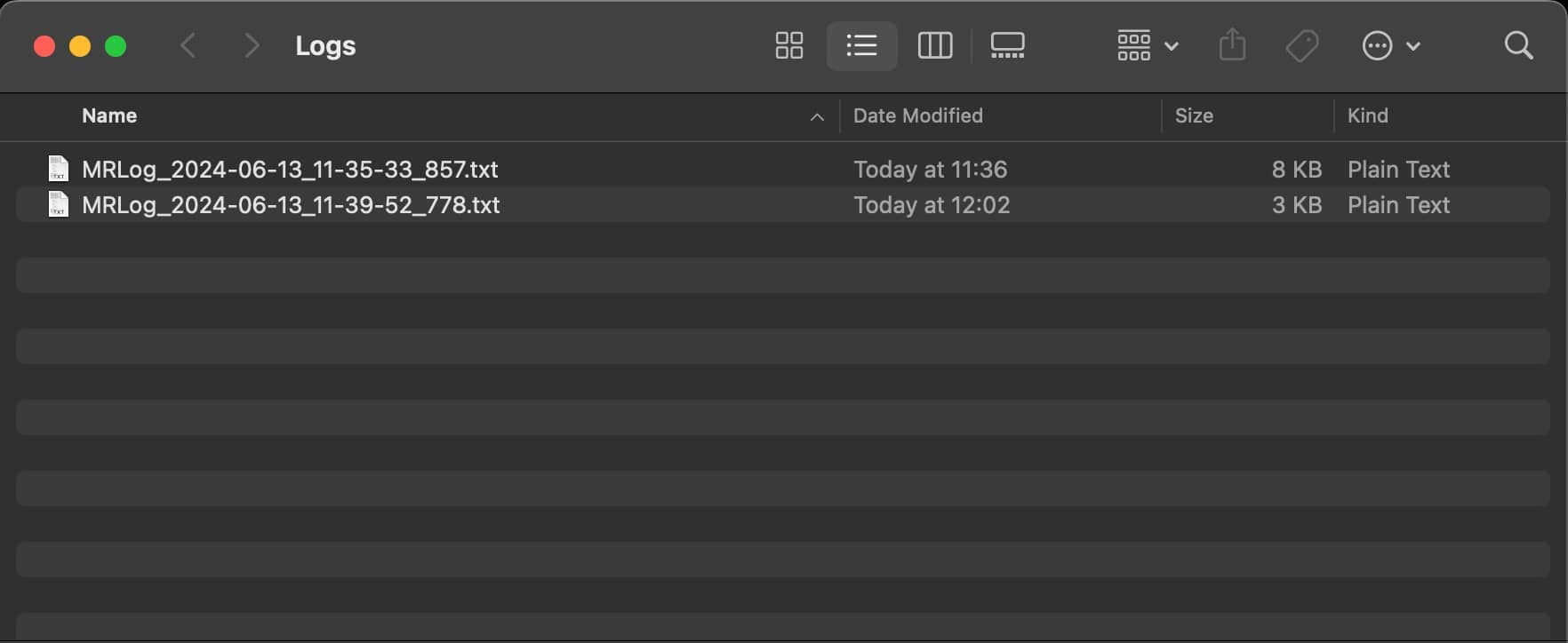 File manager displaying the application log directory.