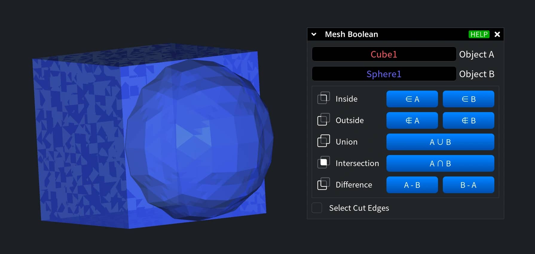 Overlapping cube and sphere meshes beside the Boolean controls.