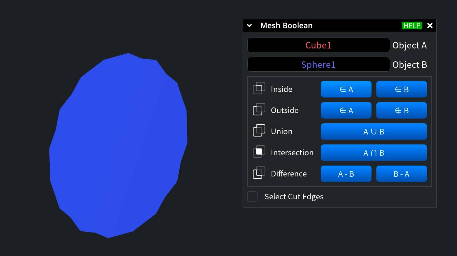 Boolean result displayed beside the Mesh Boolean operation controls.