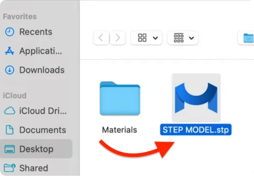 File picker with a STEP model selected.