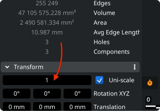 Uniform scale control in the Transform panel.