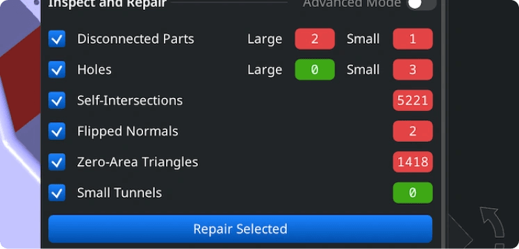 Mesh Healer panel listing defects and repair options.