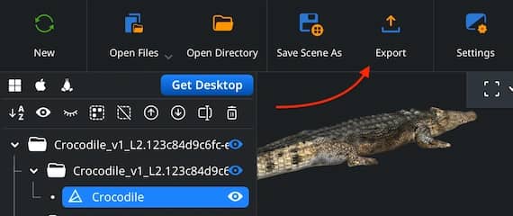 Selected scene object and export controls in the Home toolbar.