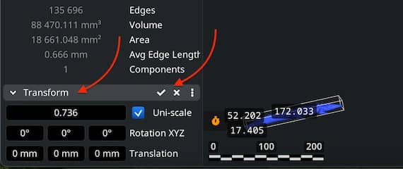 Scale and uniform scaling controls in the Transform panel.