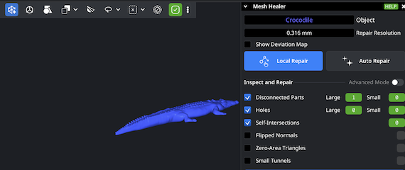 Mesh Healer repair panel showing detected mesh problems in a 3D model.
