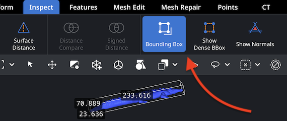 Bounding Box measurements displayed in MeshInspector’s Inspect tab.