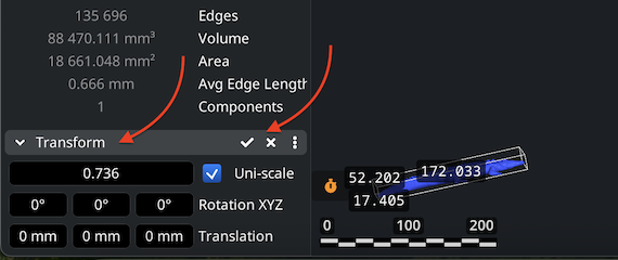 Transform panel showing scaling options for adjusting STL model size.