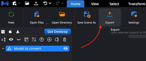 Selected scene object and export controls in the Home toolbar.