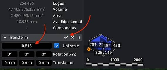 Scale and uniform scaling controls in the Transform panel.