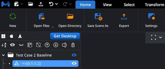 Selected scene object and export controls in the Home toolbar.