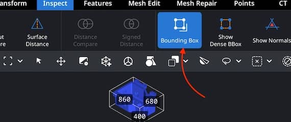 Bounding Box tool displaying the object dimensions.