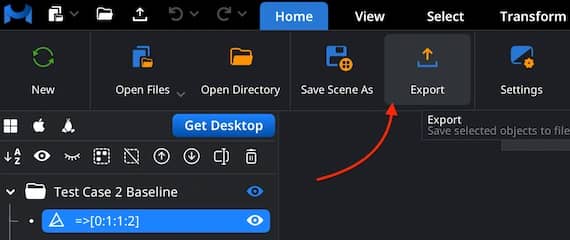 Selected scene object and export controls in the Home toolbar.