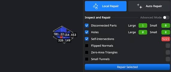 Mesh Healer panel listing detected mesh problems and repair controls.