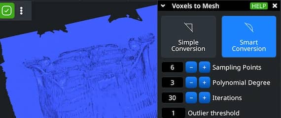 Voxels to Mesh panel with Smart Conversion selected.