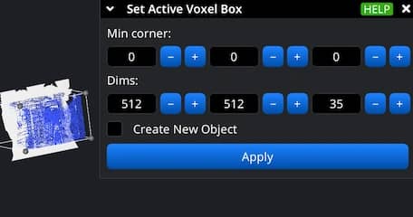 Set Active Voxel Box panel with corner and dimension fields.