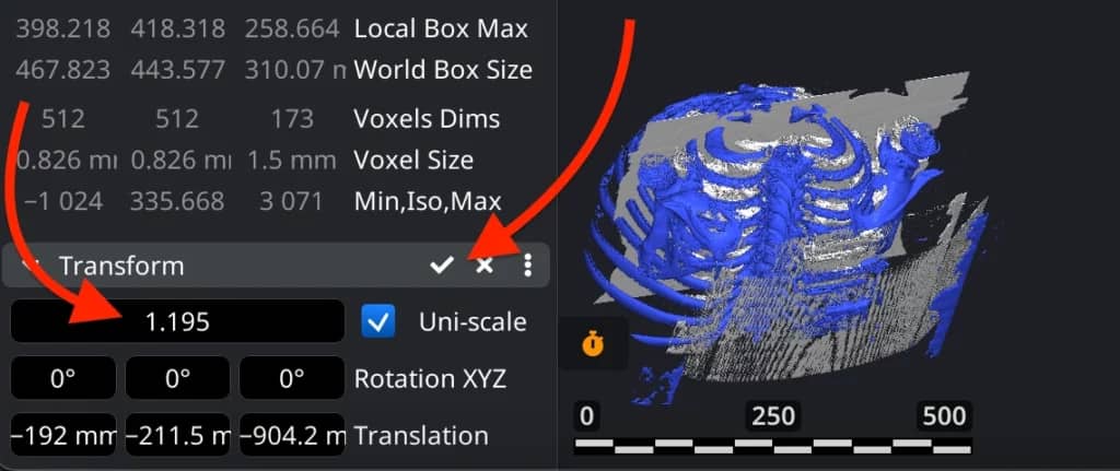 Scale and uniform scaling controls in the Transform panel.