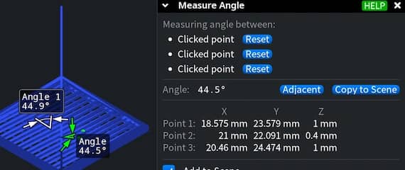 Measure Angle panel with picked points and angle labels.