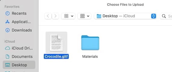 File picker with a GLTF model selected.