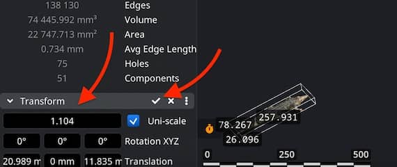 Scale and uniform scaling controls in the Transform panel.