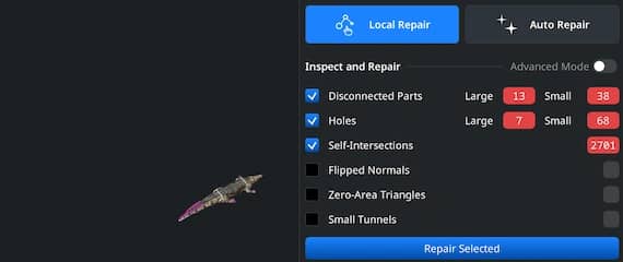 Mesh Healer panel listing detected mesh problems and repair controls.