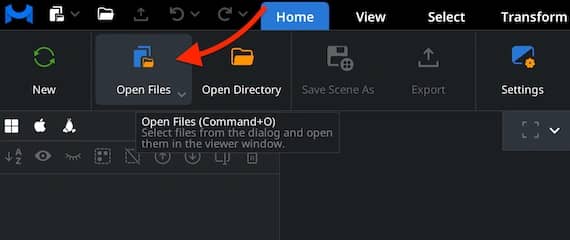 Open Files control in the Home toolbar.