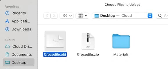 File picker with a crocodile OBJ model selected.