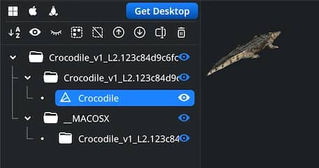 Textured crocodile model displayed in the viewport and Scene Tree.