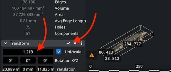 Scale and uniform scaling controls in the Transform panel.