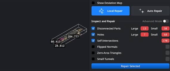 Mesh Healer panel listing detected mesh problems and repair controls.