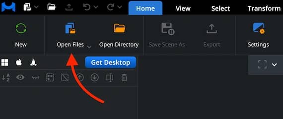 Open Files control in the Home toolbar.