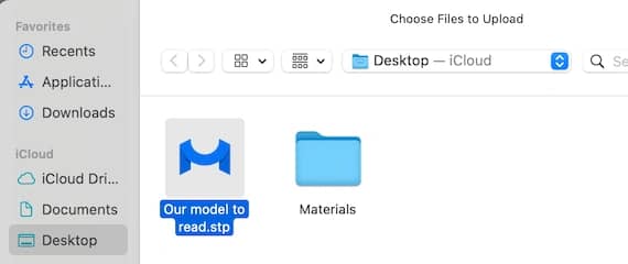 File picker with an STP model selected.
