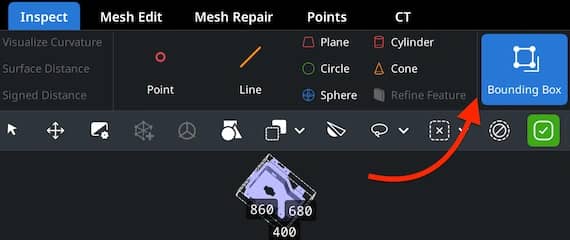 Bounding Box tool displaying the object dimensions.