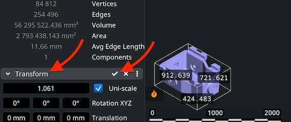 Scale and uniform scaling controls in the Transform panel.