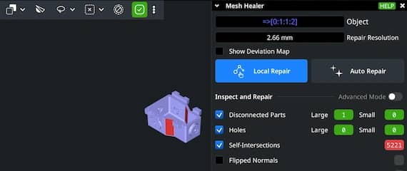 Mesh Healer panel listing detected mesh problems and repair controls.