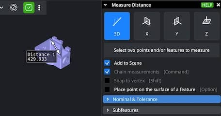 Measure Distance panel with points marked on the model.